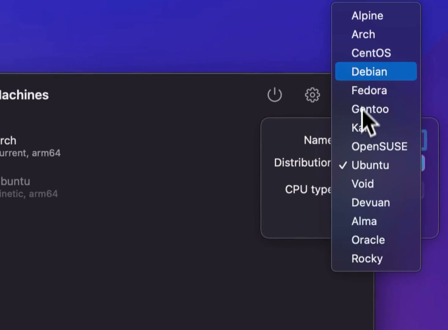 新建 Linux 机器：选择发行版与 CPU 类型