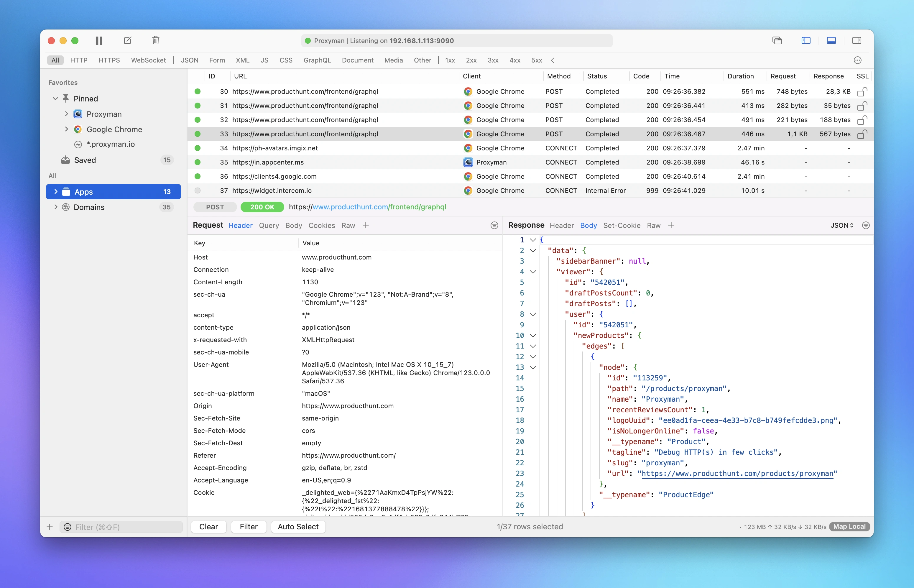 流量检查：GraphQL 请求头与 JSON 响应体