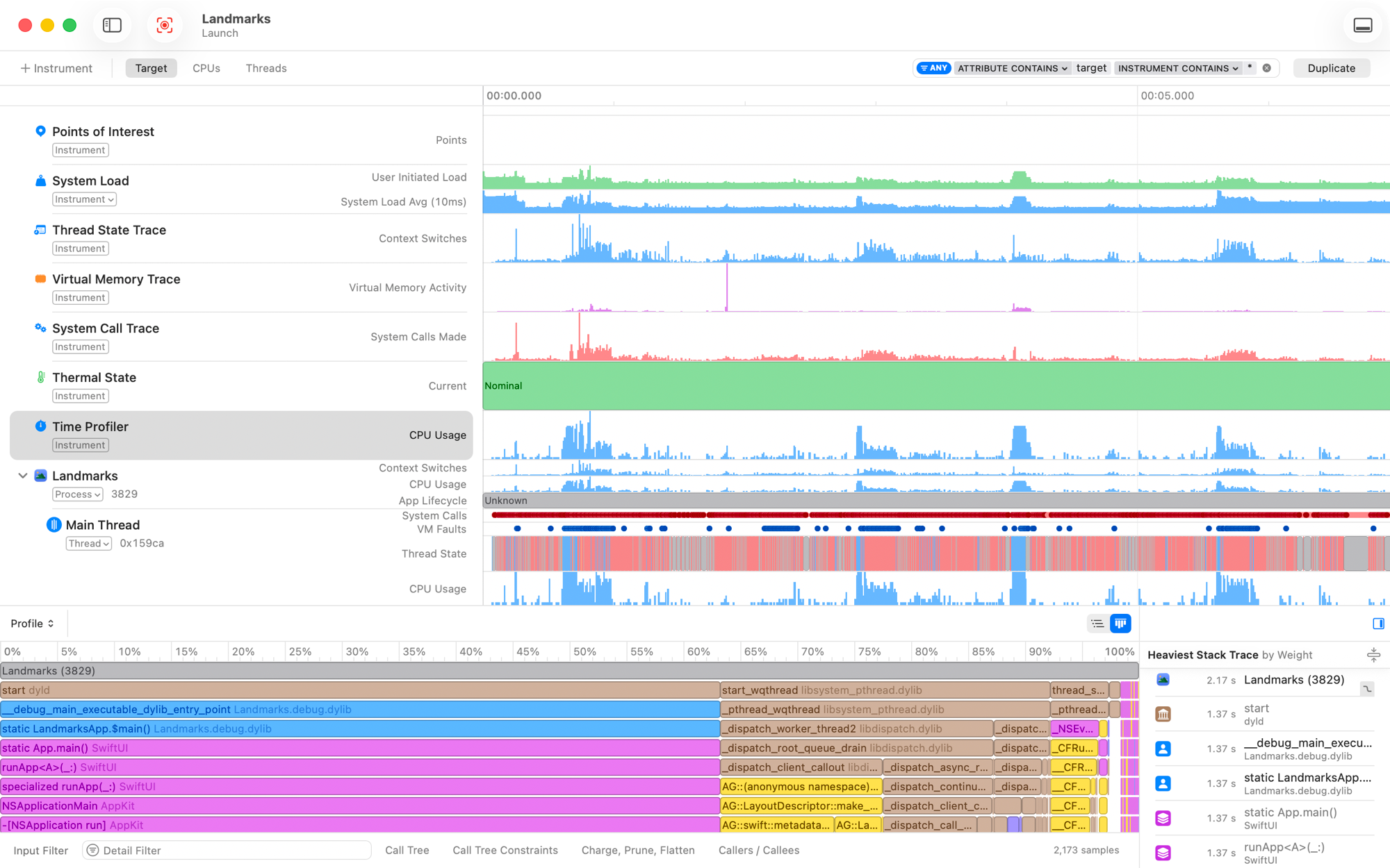 Instruments：Time Profiler 时间线、调用树与最重堆栈