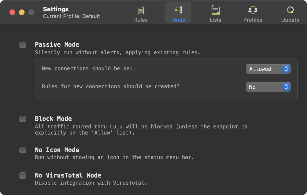 运行模式：被动、拦截、隐藏图标与关闭 VirusTotal