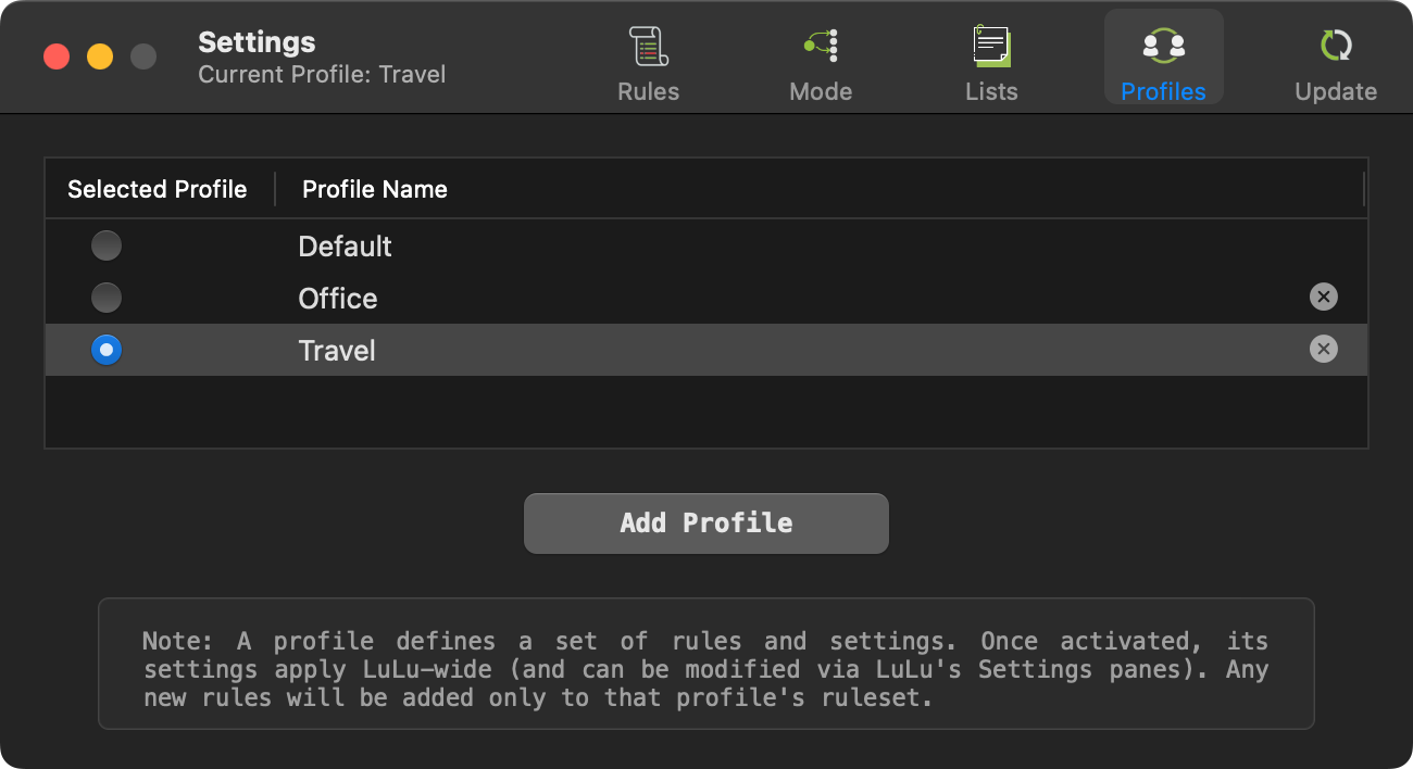 配置档案：在 Default / Office / Travel 等规则集之间切换