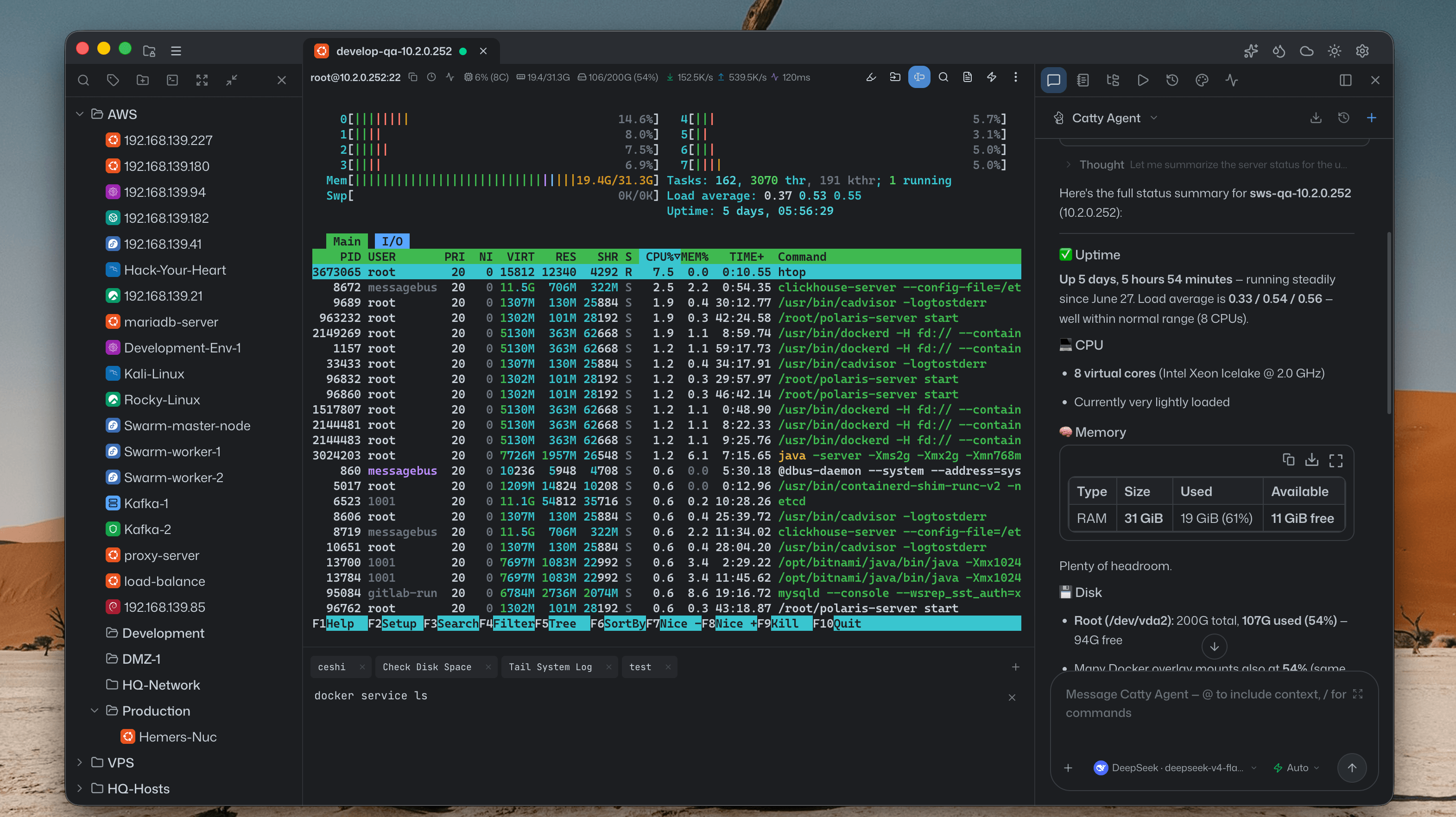 终端与 Catty Agent：htop 与系统状态摘要并排