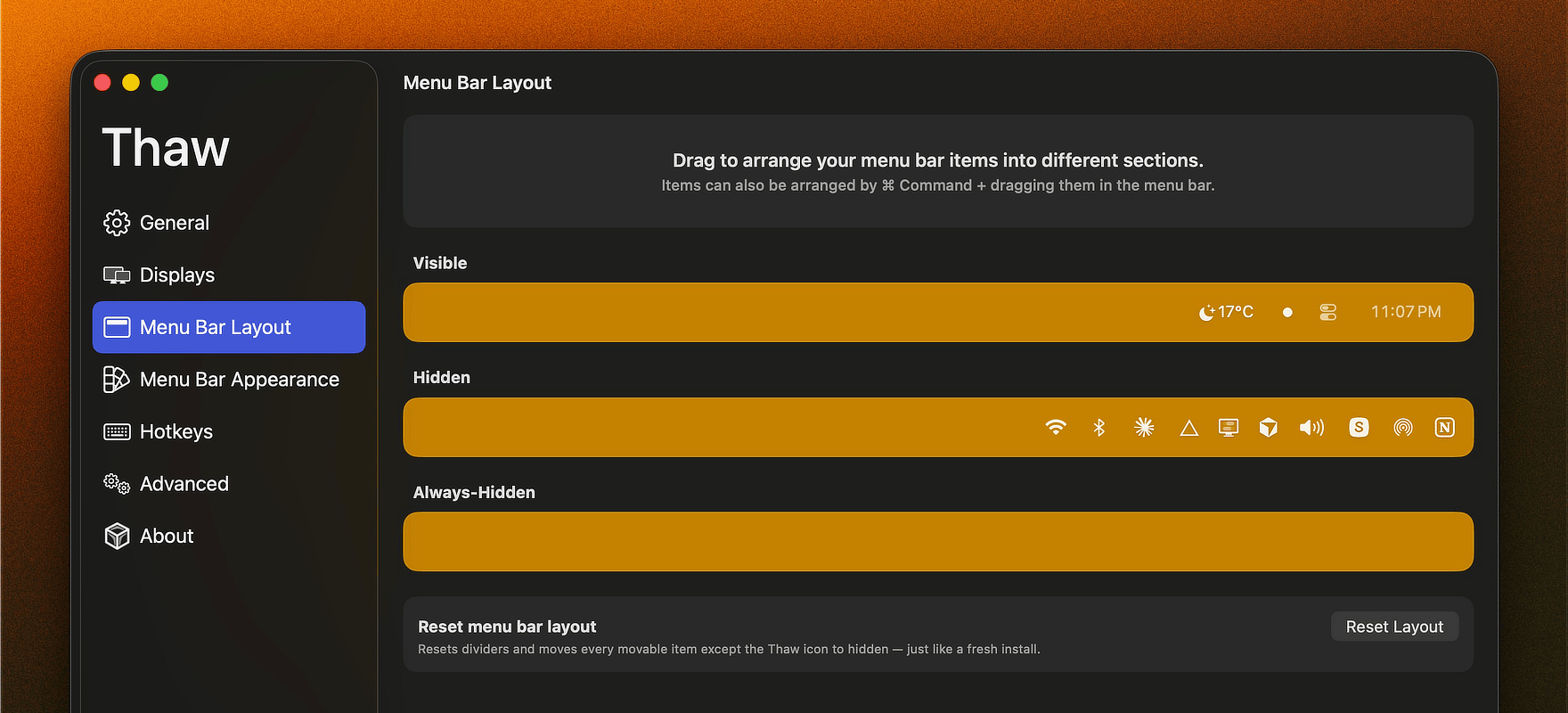 Menu Bar Layout：拖拽整理 Visible / Hidden / Always-Hidden